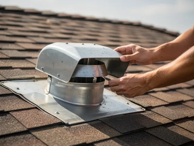 Commerce Dryer Vent Cleaning certified technician safely cleaning a roof-mounted dryer vent in Commerce