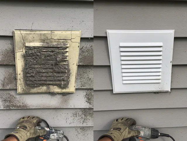 Commerce Dryer Vent Cleaning technician installing high-quality dryer vent cover at a residential property in Commerce