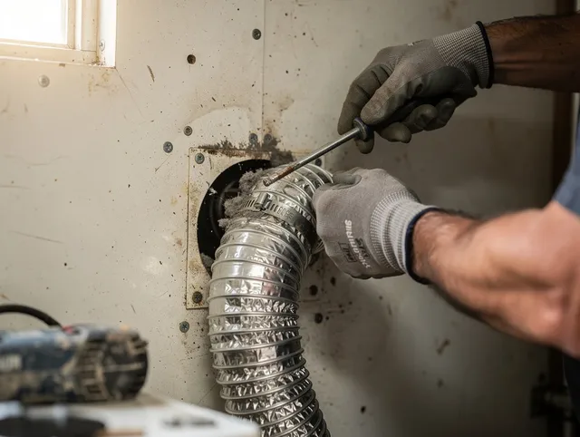 Commerce Dryer Vent Cleaning technician performing precise dryer vent hose installation in Commerce